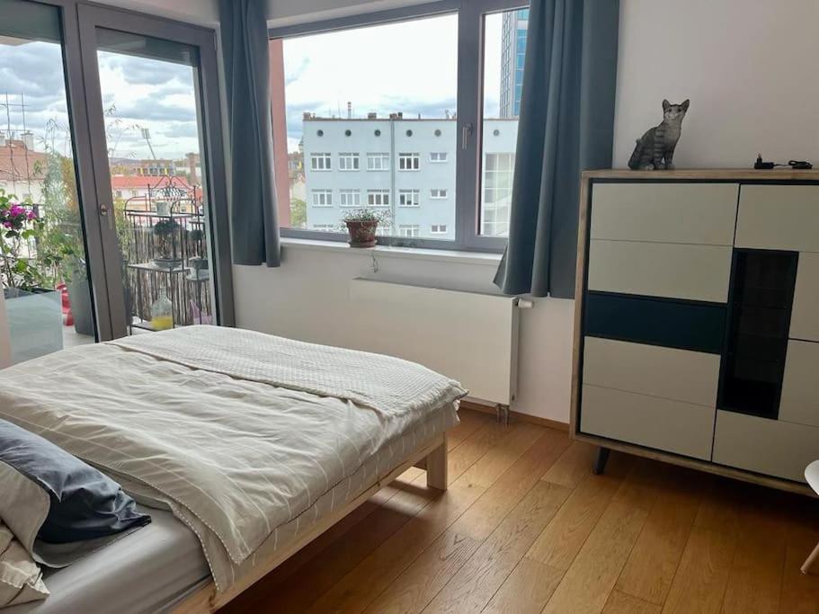 První ložnice apartmánu, zařízená v klidných tónech, s výhledem do ulice